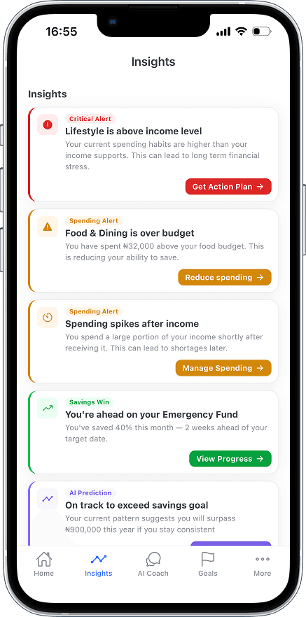 Pocketwize insights screen listing critical alerts and savings wins